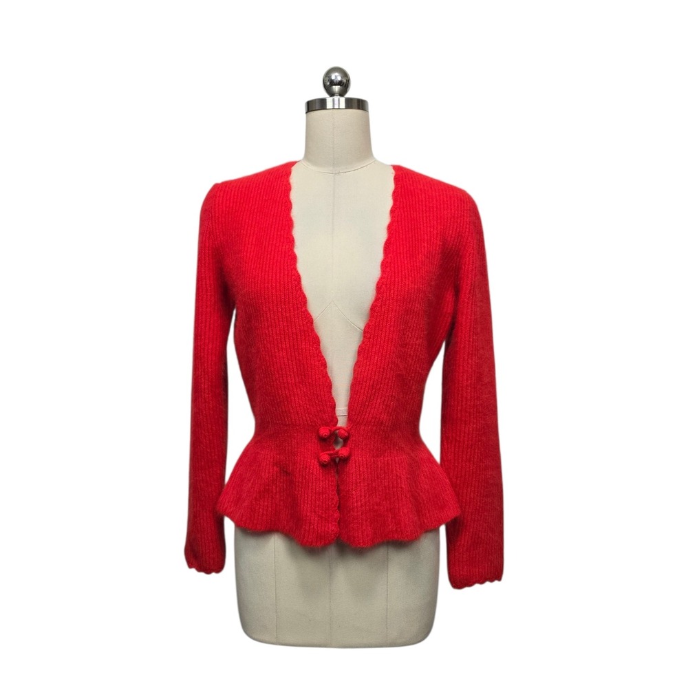 IB Diffusion Red Angora Lambswool Peplum Cardigan‎ Scalloped Sweater Vintage 90s